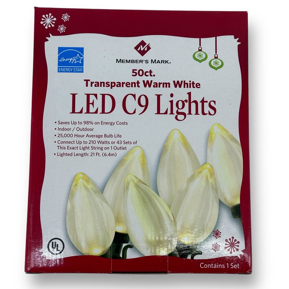 Member's Mark 50 ct. Transparent Warm White LED C9 String Lights 21' Christmas